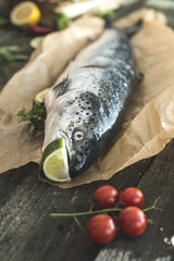 Preparing whole salmon fish for cooking