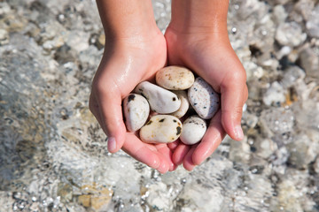 Mani di bambina che reggono un mucchietto di sassi