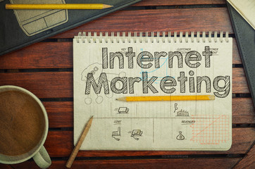 Naklejka premium Notebook with text inside Internet Marketing on table with coffe