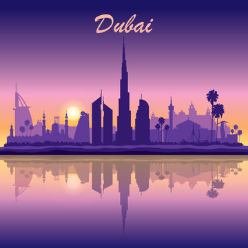 Dubai skyline silhouette on sunset background