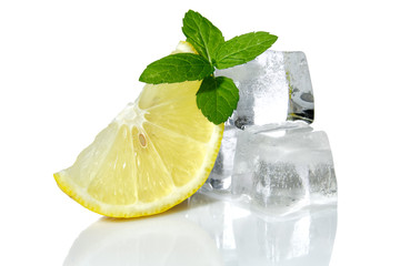 Lemon with mint and ice cubes