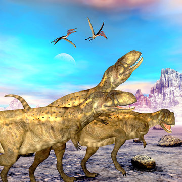 Abelisaurus Dinosaurs - Abelisaurus theropod dinosaurs hunt for their next prey as three Zhejiangopterus reptile birds follow them.