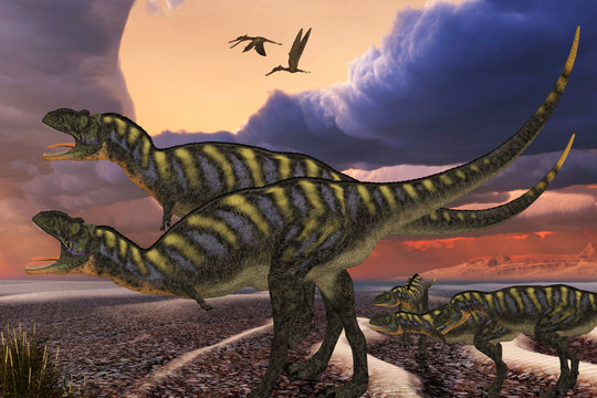 Aucasarus Dinosaurs - Parental Aucasaurus dinosaurs defend their youngsters from a passing predator in their territory as Zhenyuanopterus reptile birds fly nearby.