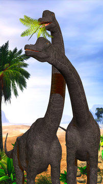 Brachiosaurus Dinosaurs - Brachiosaurus dinosaurs munch on tropical vegetation in the Jurassic Period of North America.