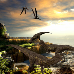 Stegoceras Dinosaurs - Stegoceras dinosaurs eat the vegetation along a rocky coast as Pteranodon reptiles fly overhead. © Catmando
