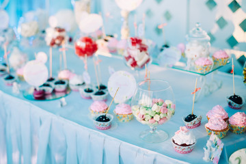Various Dessert Sweet Cupcakes, Candy, confection On Table. Swee