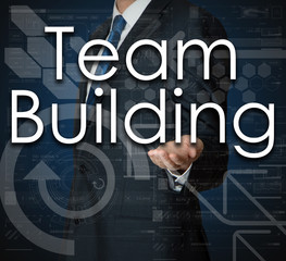 businessman presenting Team Building concept of his own hands: