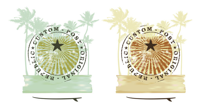 two grunge summer shields with palms and surfboards