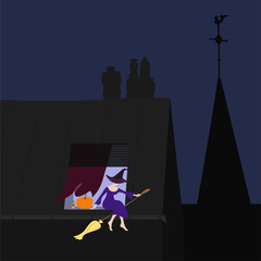 Young witch on the window sill, vector - 91667117