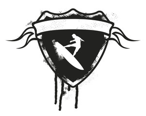 stencil surf shield with surfer and banner © locotearts