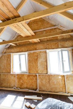 Inside wall heat isolation with mineral wool in wooden house