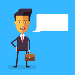 Handsome asian businessman in formal suit with a briefcase. Cartoon character -successful happy manager. Vector stock illustration in flat design.