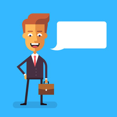 Handsome businessman in formal suit with a briefcase. Cartoon character - successful happy manager.  Vector stock illustration in flat design.