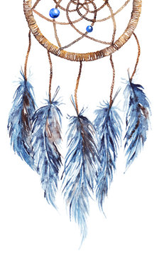 Watercolor Ojibwe Dream Catcher with Bohemian Feather Shower
