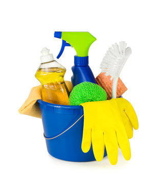Household cleaning supplies in a bucket. Pure white background, soft shadows. 