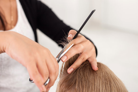 Professional young hairstylist is cutting hair of boy