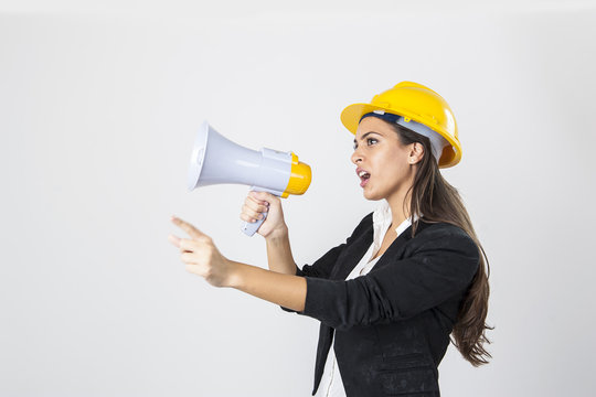 Female construction worker with Megaphone