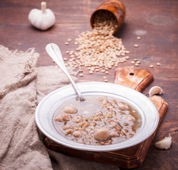 Soup with lentils and mushrooms.selective focus