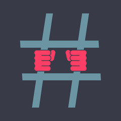 Social media prisoner.
Human hands holding prison bars stylized as hashtag. Social media addiction concept illustration.