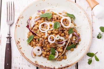 Lentils with onion and mint dressing. selective focus