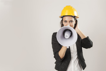 Female construction worker with Megaphone