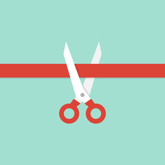Scissors cutting red ribbon. Illustration in flat style - obrazy, fototapety, plakaty