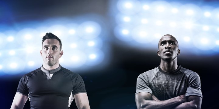 Composite image of thoughtful rugby player with arms crossed