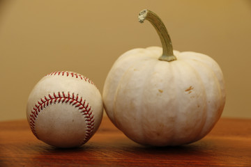 Objects: Baseball and pumpkin (white) 
