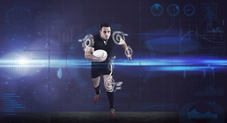 Composite image of rugby player running with the ball