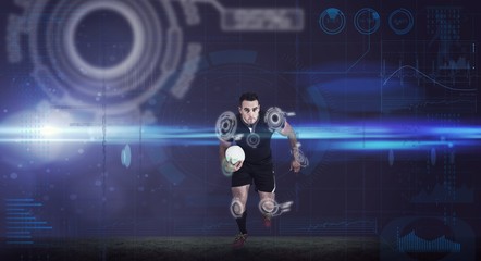 Fototapeta na wymiar Composite image of rugby player running with the ball