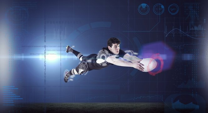 Composite image of a rugby player scoring a try
