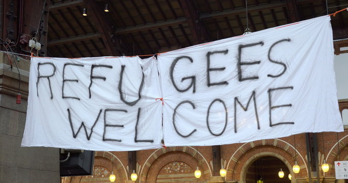 Handmade Banner Refugees Welcome