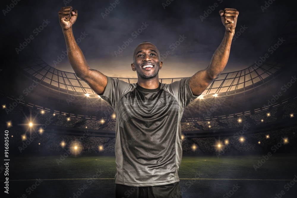 Poster composite image of happy sportsman with clenched fist