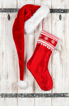 Red Santa Claus hat and sock for gifts. Christmas decoration
