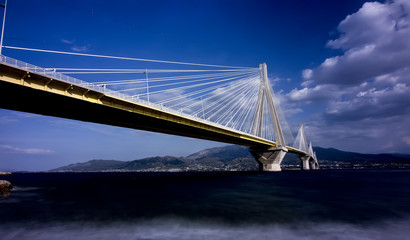 Suspension bridge crossing Corinth Gulf strait, Greece. Is the w