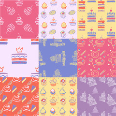 Set of seamless patterns, cakes, sweets, cupcakes.