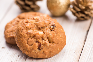 Stack of Chocolate chip cookies on wooden background. Stacked ch