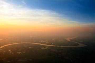 Aerial view of Ping River across paddy field, Chiang Mai, Thaila