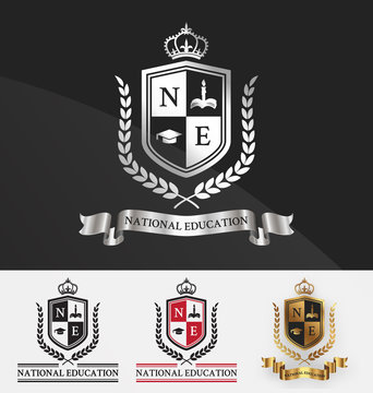 Shield and wreath laurel with crown crest logo design. Suitable for student academy, learning center, real estate, hotel, resort, official and service. Vector illustration