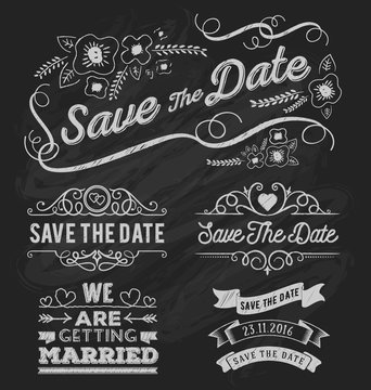 Set Of Save The Date Typography, Frame And Ribbon Chalk Style. Save The Date Frame And Element On Chalkboard Design. Vector Illustration