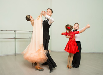 Ballroom dancing, group, man, woman, children, dance studio