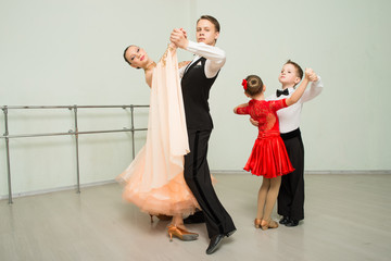 Ballroom dancing, group, man, woman, children, dance studio