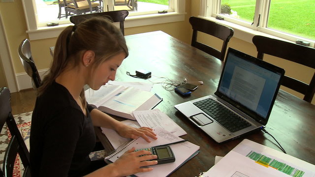 MWS student using calCUlator & laptop