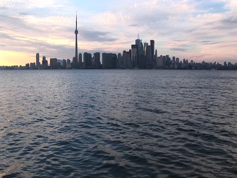 An extreme long-shot of the Toronto skyline at the golden-hour.