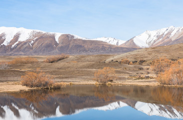 Reflection of snow covered mountains in a small lake