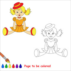 Blonde toy doll in orange dress and red hat. 