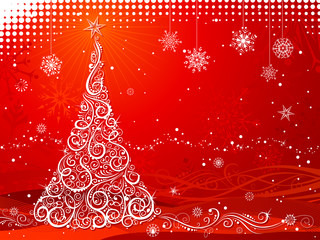 Red background with Christmas tree.