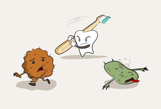 Tooth Fighting Bacteria, a hand drawn vector illustration of a tooth fighting off bacteria using toothpaste applied on a toothbrush, each objects are on separate groups for easy editing.