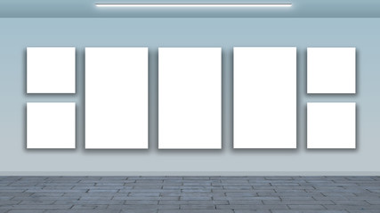 blank frames on wall and wooden floor - interior gallery