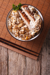 Katsudon fried pork tonkatsu with egg and rice. Vertical top view
